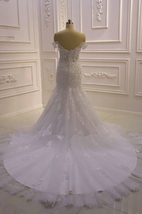 AmazingWhite 3D Lace applique Off the Shoulder Mermaid Bridal Gowns - Image 5