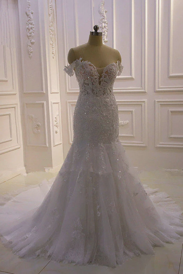 AmazingWhite 3D Lace applique Off the Shoulder Mermaid Bridal Gowns - Image 6
