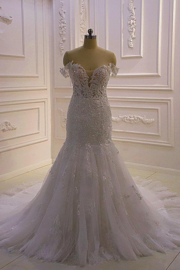 AmazingWhite 3D Lace applique Off the Shoulder Mermaid Bridal Gowns - Image 7