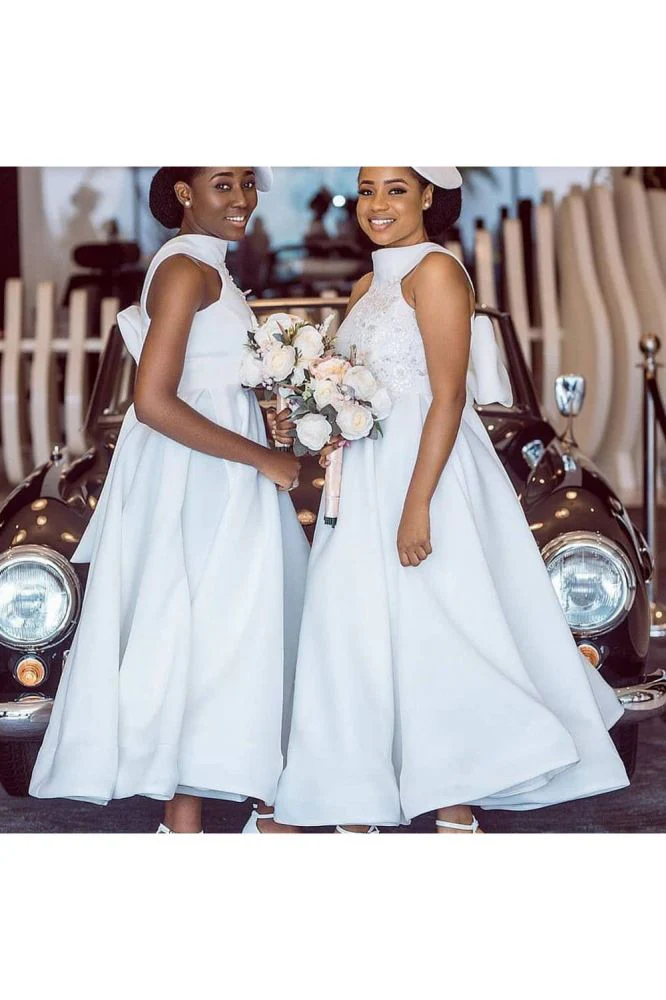 Ankle Length Halter Lace Applique Bridesmaid Dresses With Big Bow At Back A-line Formal Wedding Party Dresses - Image 10