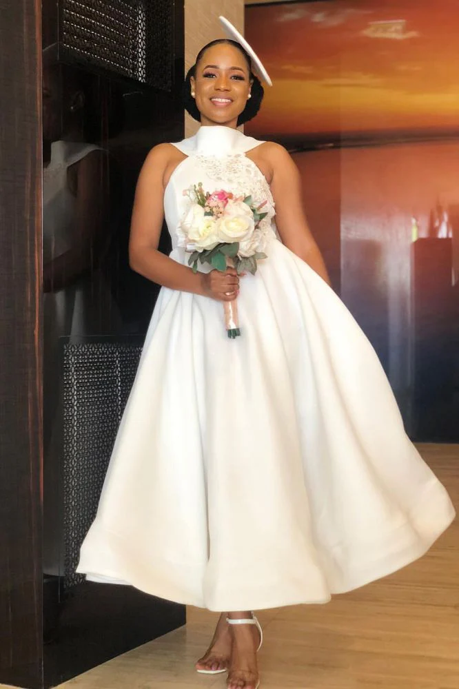 Ankle Length Halter Lace Applique Bridesmaid Dresses With Big Bow At Back A-line Formal Wedding Party Dresses - Image 3