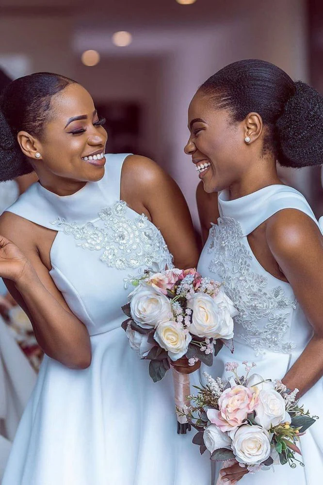 Ankle Length Halter Lace Applique Bridesmaid Dresses With Big Bow At Back A-line Formal Wedding Party Dresses - Image 5