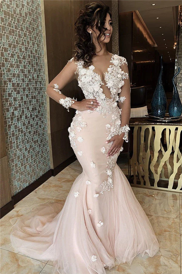 Appliques Mermaid Lace Prom Dresses V-neck Formal Gowns - Image 3