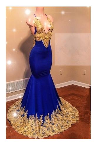 Appliques Spaghetti Sleeveless V-neck Mermaid Prom Dresses - Image 2