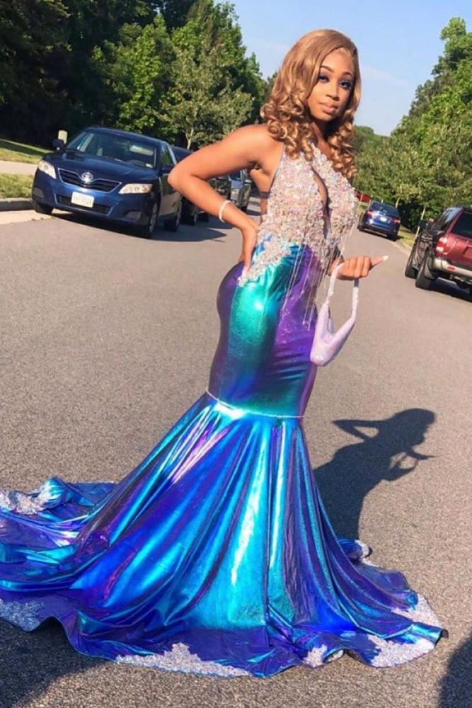 Asymmetric Beads Appliques Prom Dresses Alluring Open Back Fit and Flare Evening Gowns - Image 2