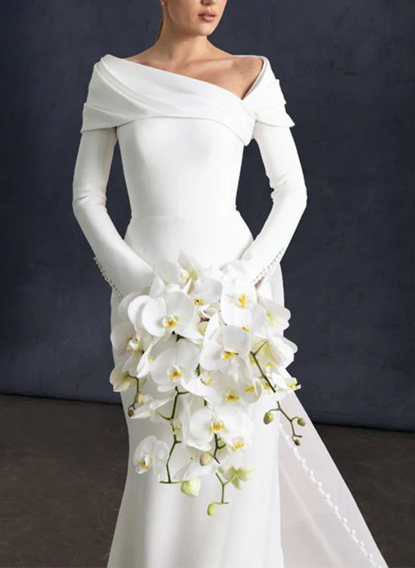 Asymmetrical Long Sleeves Elastic Satin Wedding Dresses - Image 2
