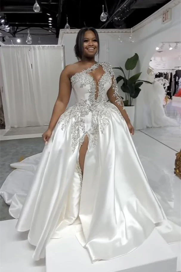 Asymmetrical Mermaid High Split One Shoulder Floor-length Long Sleeve Open Back Appliques Lace Wedding Dresses - Image 3