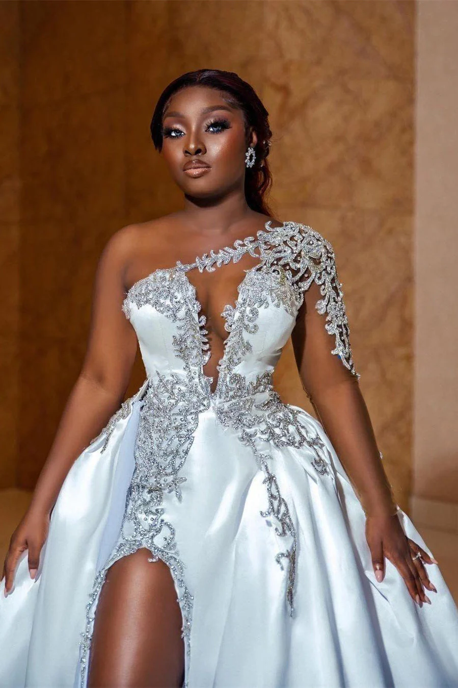 Asymmetrical Mermaid High Split One Shoulder Floor-length Long Sleeve Open Back Appliques Lace Wedding Dresses - Image 4