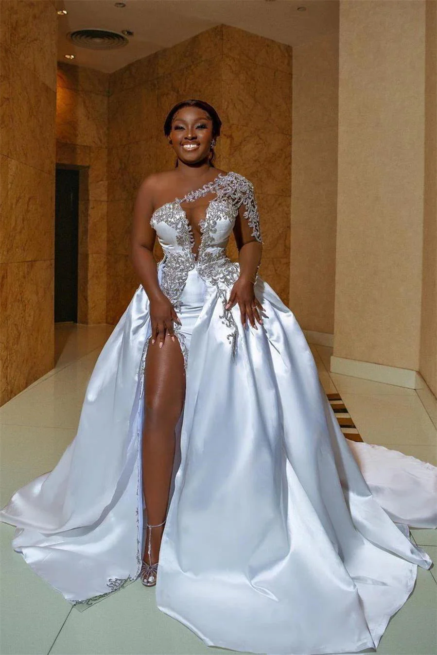 Asymmetrical Mermaid High Split One Shoulder Floor-length Long Sleeve Open Back Appliques Lace Wedding Dresses - Image 5