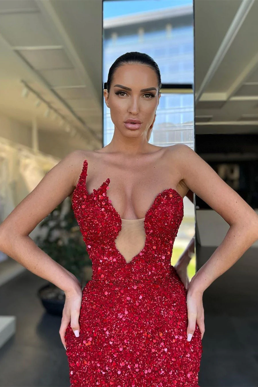 Asymmetrical Mermaid Off-the-shoulder Sequined Floor-length Open Back Prom Dress - Image 2