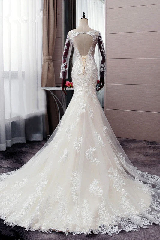 Autumn Long Sleevess Mermaid Lace appliques Ivory Wedding Dress - Image 2
