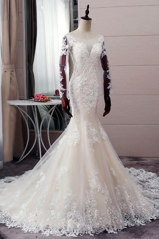 Autumn Long Sleevess Mermaid Lace appliques Ivory Wedding Dress - Image 3