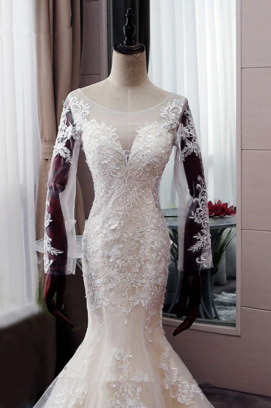 Autumn Long Sleevess Mermaid Lace appliques Ivory Wedding Dress - Image 4