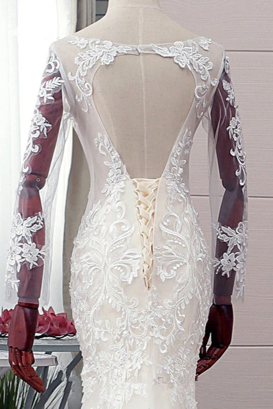 Autumn Long Sleevess Mermaid Lace appliques Ivory Wedding Dress - Image 5
