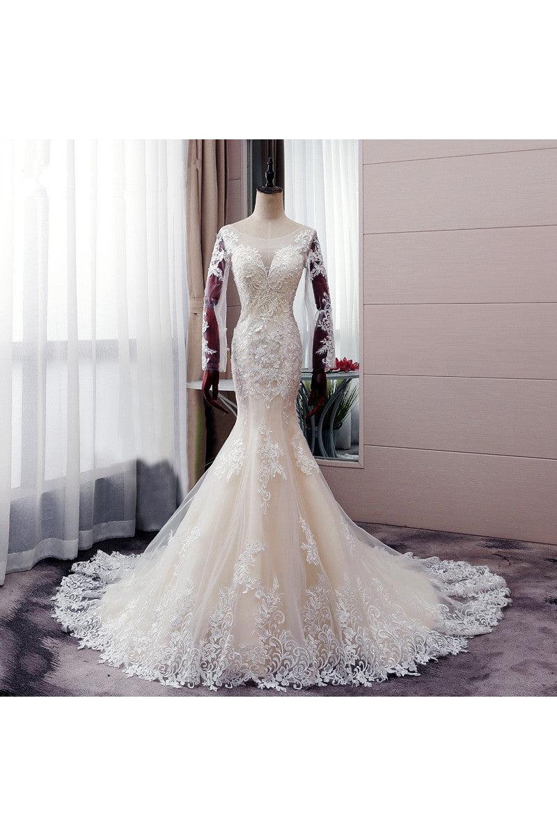 Autumn Long Sleevess Mermaid Lace appliques Ivory Wedding Dress - Image 6