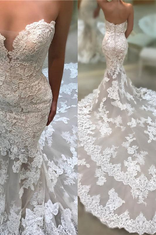 Backless Strapless Modern Mermaid Wedding Dresses Cathedral Train Lace Dresses for Weddings - Image 2