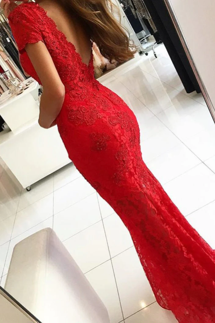 Backless V-neck Short Sleeves Lace Prom Dress Mermaid Red Long - Image 3