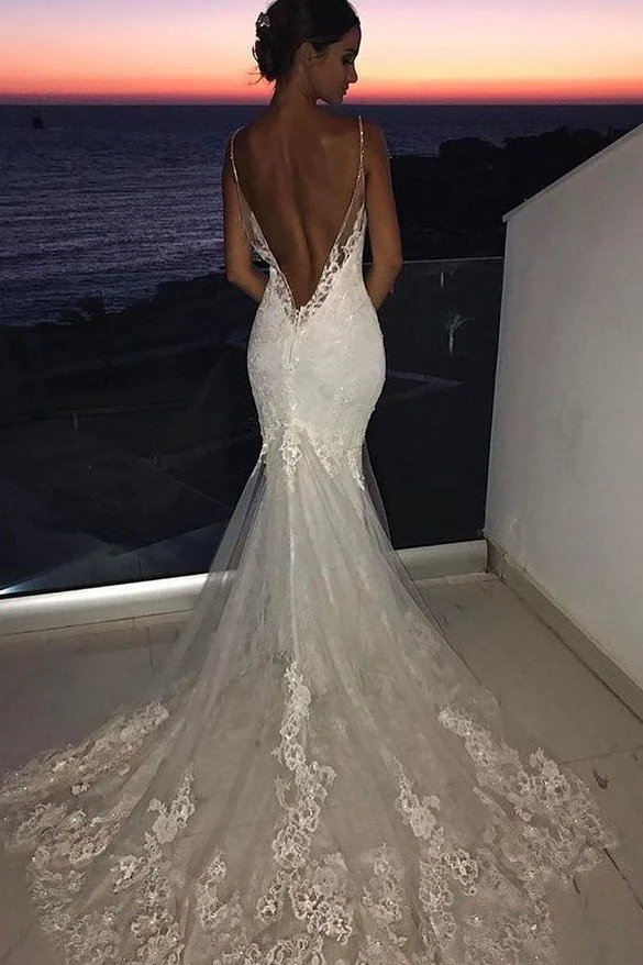 Backless Wedding Dresses Lace Mermaid Modern Spaghetti Straps Bride Dress - Image 3