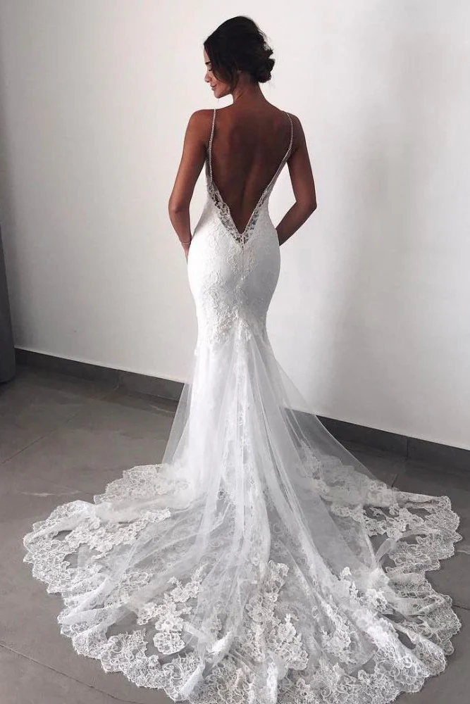 Backless Wedding Dresses Lace Mermaid Modern Spaghetti Straps Bride Dress - Image 4