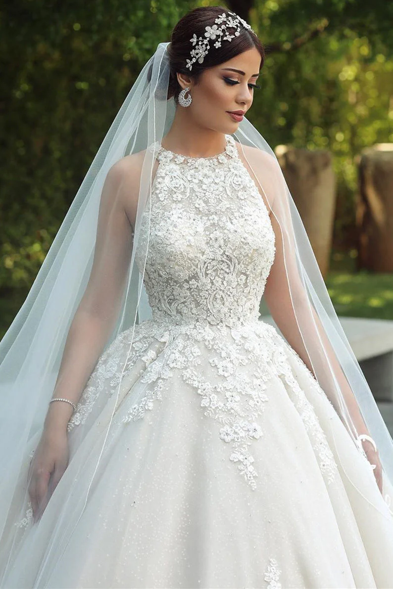 Ball Gown Halter Floor Length Backless Tulle Lace Applique Wedding Dress - Image 2