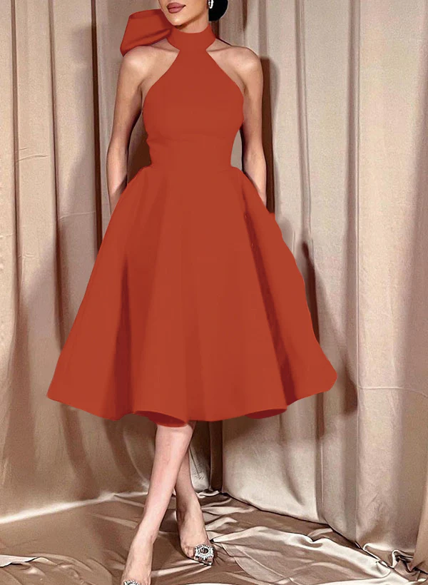 Ball-Gown Halter Sleeveless Satin(Non-Stretch) Homecoming Dresses With Bow(s) - Image 20