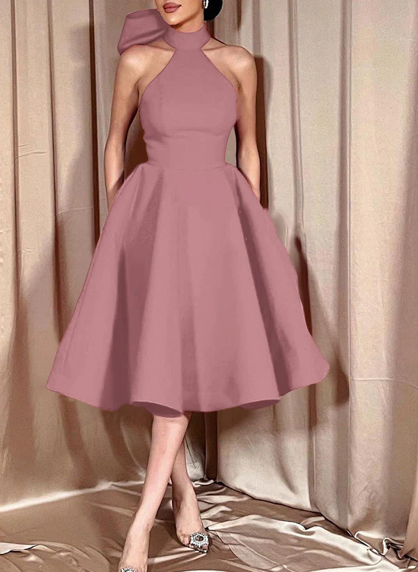 Ball-Gown Halter Sleeveless Satin(Non-Stretch) Homecoming Dresses With Bow(s) - Image 22