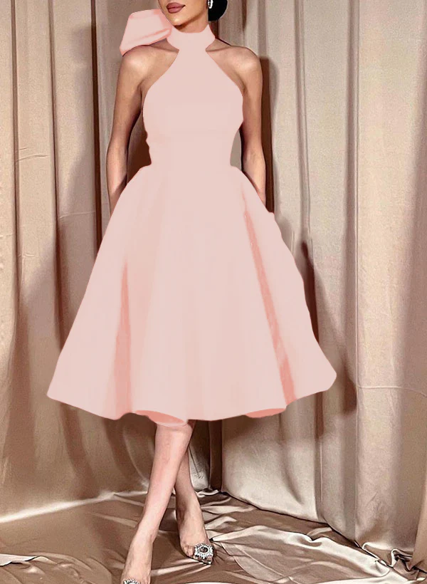 Ball-Gown Halter Sleeveless Satin(Non-Stretch) Homecoming Dresses With Bow(s) - Image 23