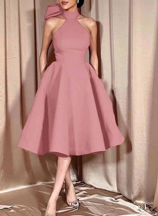 Ball-Gown Halter Sleeveless Satin(Non-Stretch) Homecoming Dresses With Bow(s) - Image 24