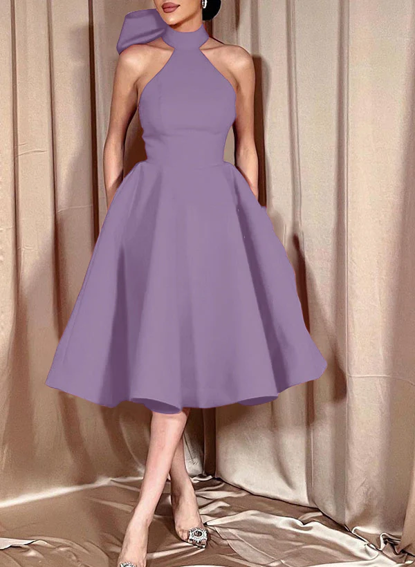 Ball-Gown Halter Sleeveless Satin(Non-Stretch) Homecoming Dresses With Bow(s) - Image 30