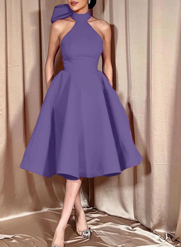 Ball-Gown Halter Sleeveless Satin(Non-Stretch) Homecoming Dresses With Bow(s) - Image 35