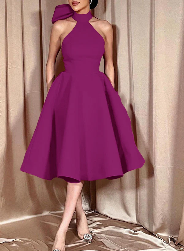 Ball-Gown Halter Sleeveless Satin(Non-Stretch) Homecoming Dresses With Bow(s) - Image 37