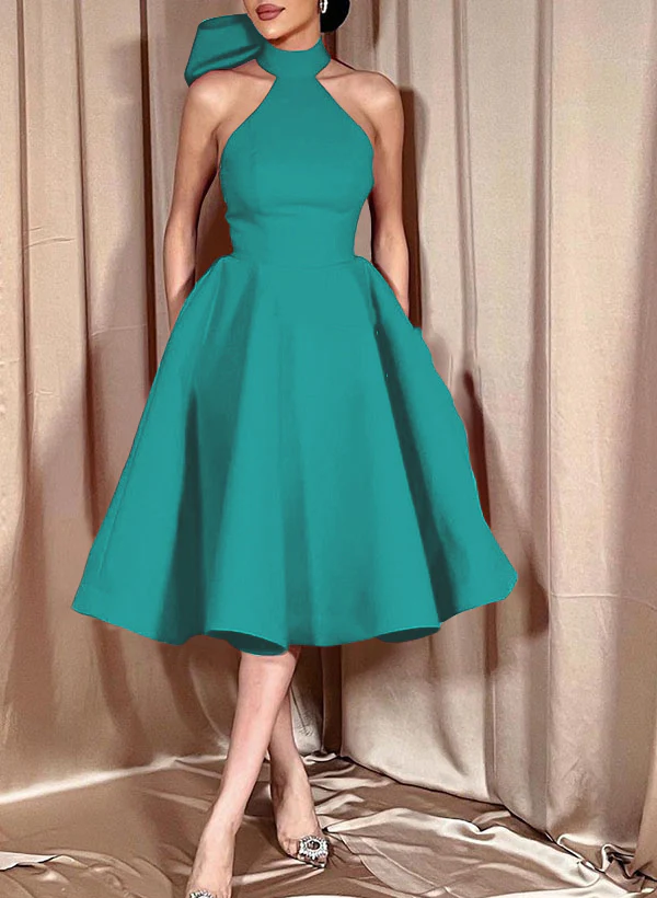 Ball-Gown Halter Sleeveless Satin(Non-Stretch) Homecoming Dresses With Bow(s) - Image 43