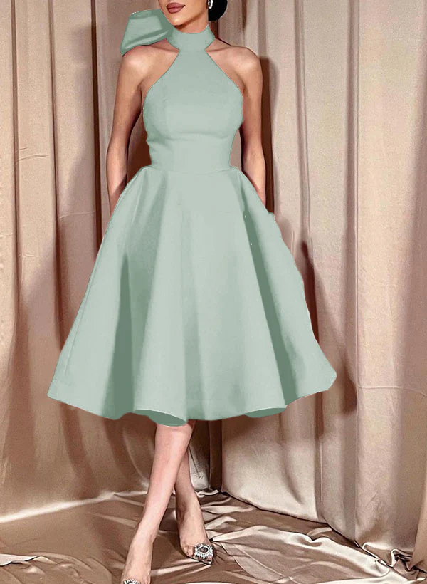 Ball-Gown Halter Sleeveless Satin(Non-Stretch) Homecoming Dresses With Bow(s) - Image 45