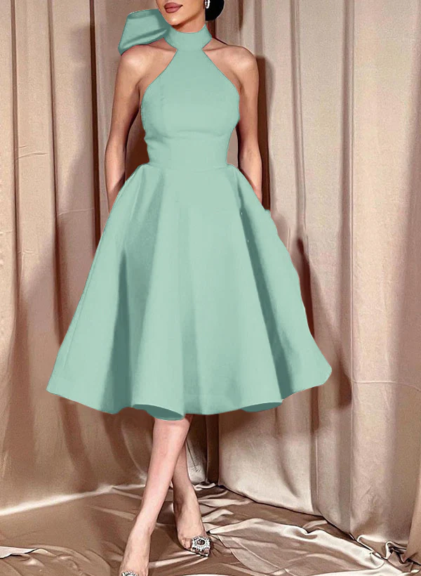 Ball-Gown Halter Sleeveless Satin(Non-Stretch) Homecoming Dresses With Bow(s) - Image 46