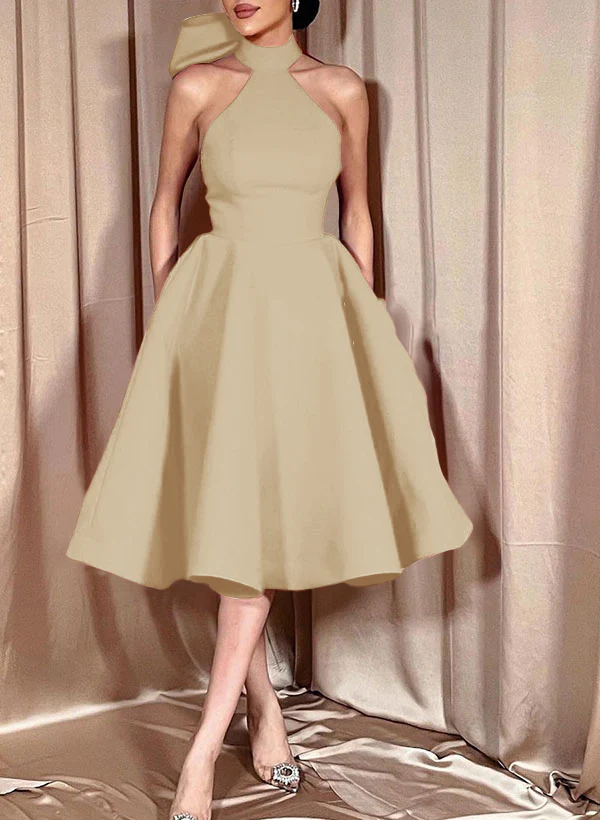 Ball-Gown Halter Sleeveless Satin(Non-Stretch) Homecoming Dresses With Bow(s) - Image 48