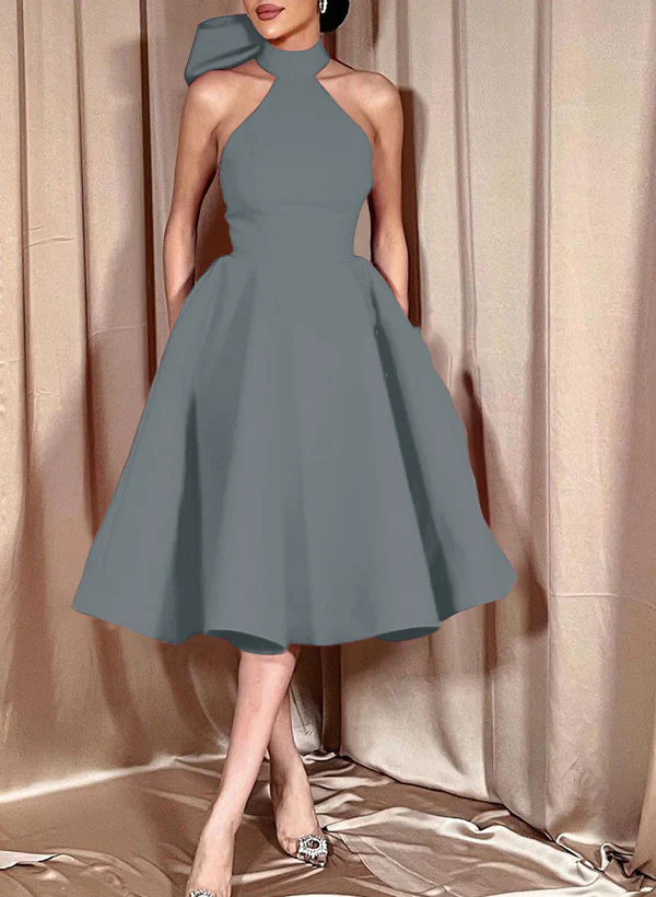 Ball-Gown Halter Sleeveless Satin(Non-Stretch) Homecoming Dresses With Bow(s) - Image 6