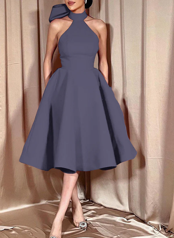 Ball-Gown Halter Sleeveless Satin(Non-Stretch) Homecoming Dresses With Bow(s) - Image 8