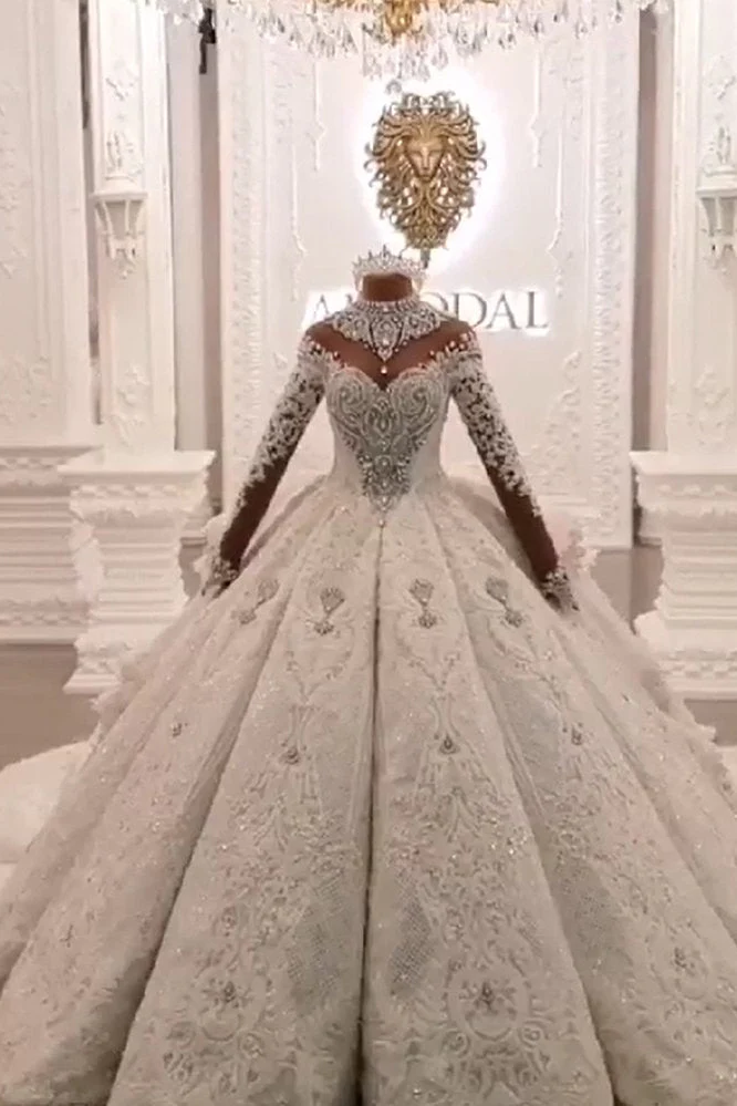 Ball Gown High neck Luxurious Train Long Sleevess Sparkle Applique Satin Wedding Dresses - Image 2
