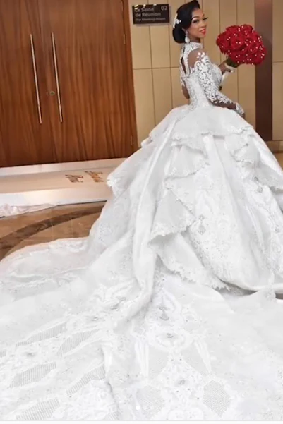Ball Gown High neck Luxurious Train Long Sleevess Sparkle Applique Satin Wedding Dresses - Image 3