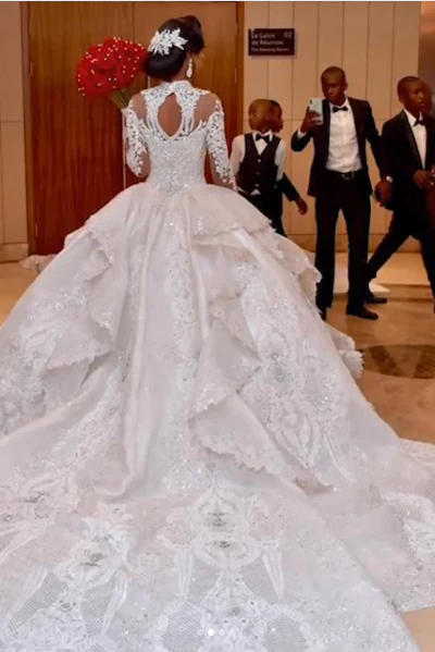 Ball Gown High neck Luxurious Train Long Sleevess Sparkle Applique Satin Wedding Dresses - Image 4