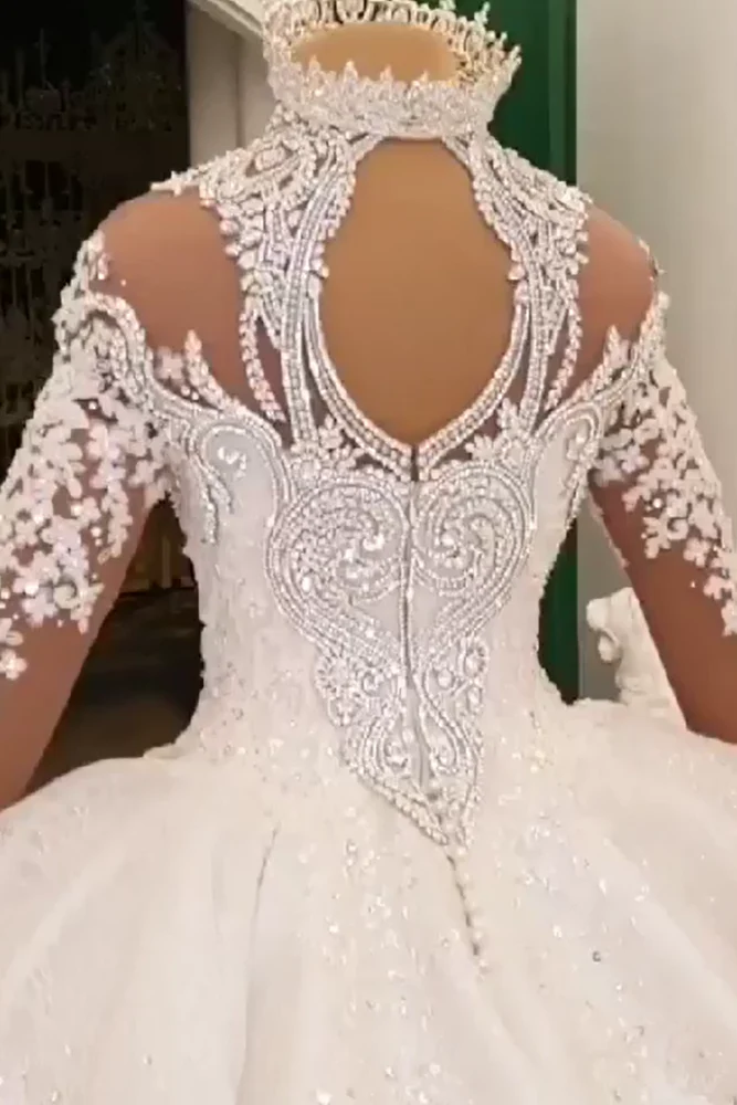 Ball Gown High neck Luxurious Train Long Sleevess Sparkle Applique Satin Wedding Dresses - Image 6