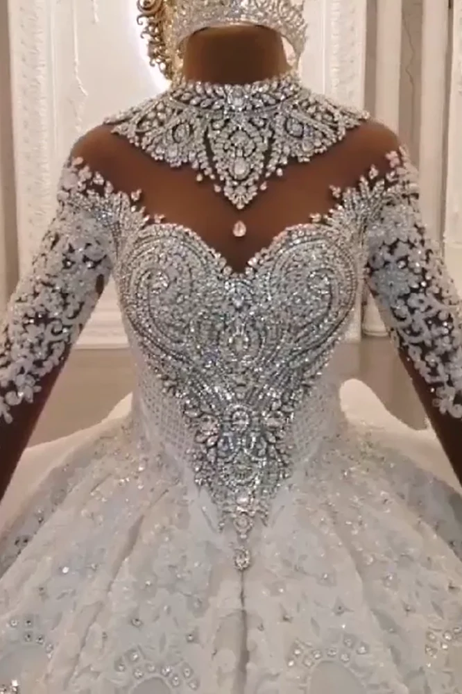 Ball Gown High neck Luxurious Train Long Sleevess Sparkle Applique Satin Wedding Dresses - Image 8