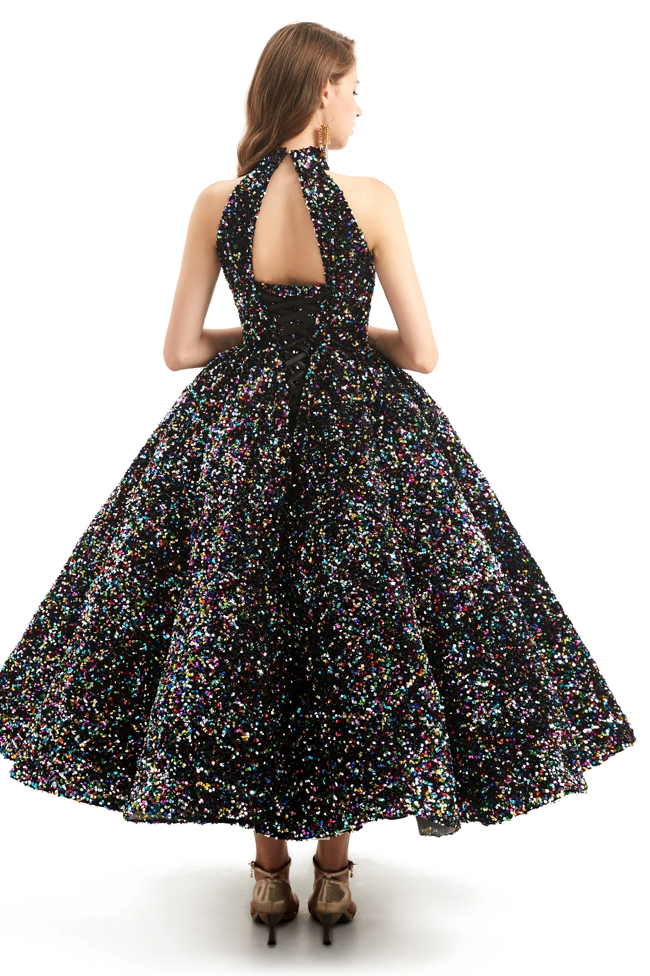 Ball Gown High Neck Sequined Ankle Length Sleeveless Open Back Prom Dress - Image 2