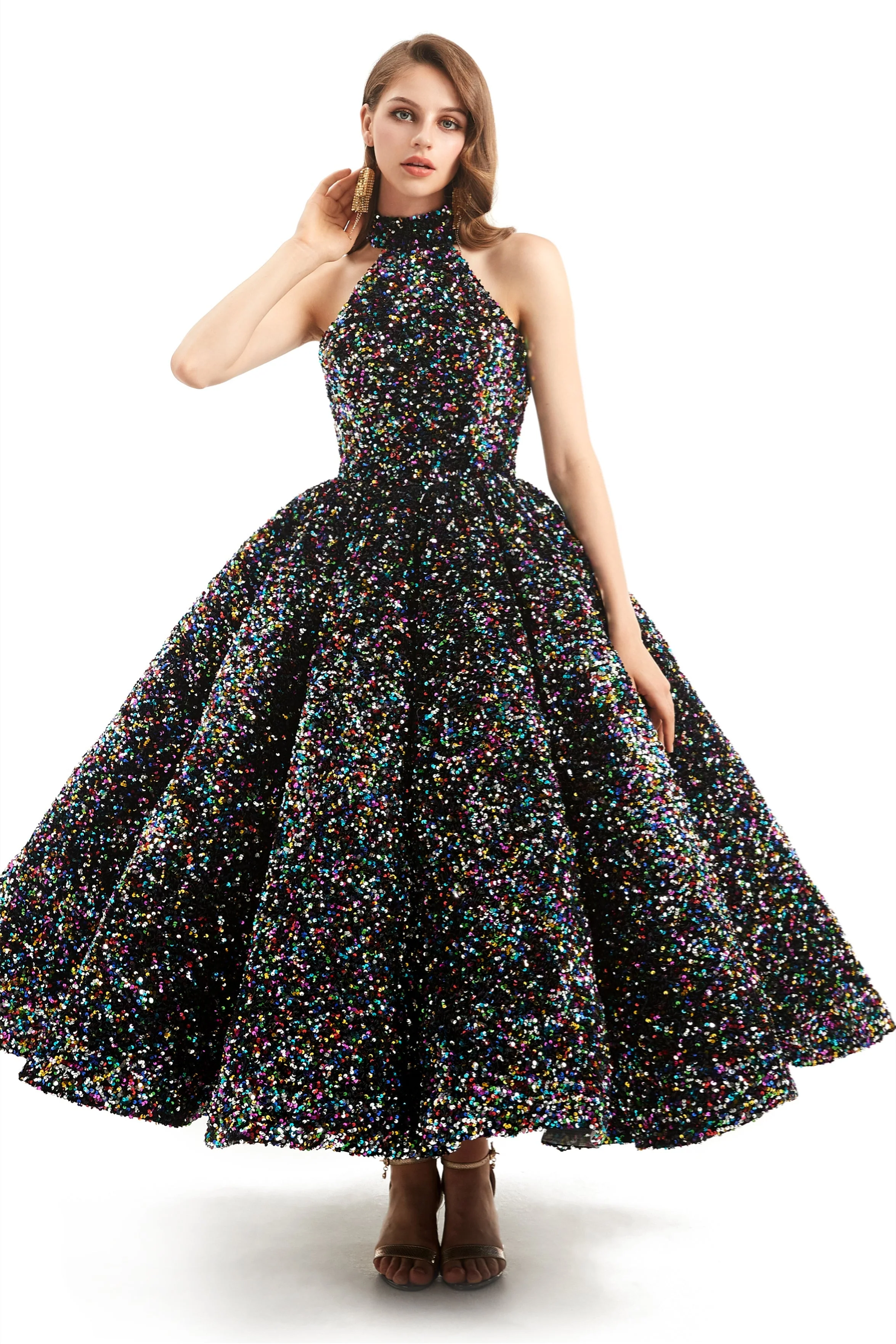 Ball Gown High Neck Sequined Ankle Length Sleeveless Open Back Prom Dress - Image 3