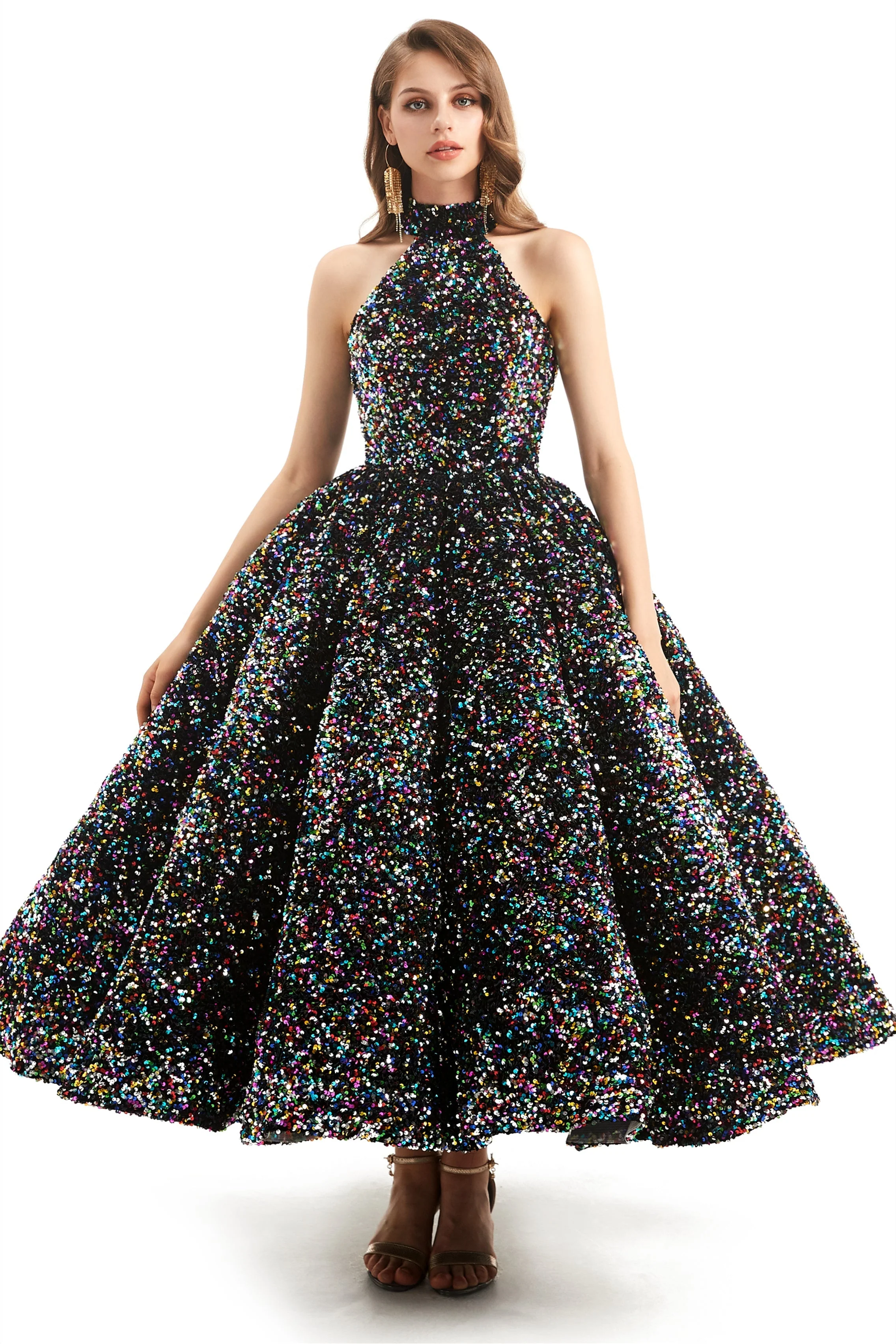 Ball Gown High Neck Sequined Ankle Length Sleeveless Open Back Prom Dress - Image 4