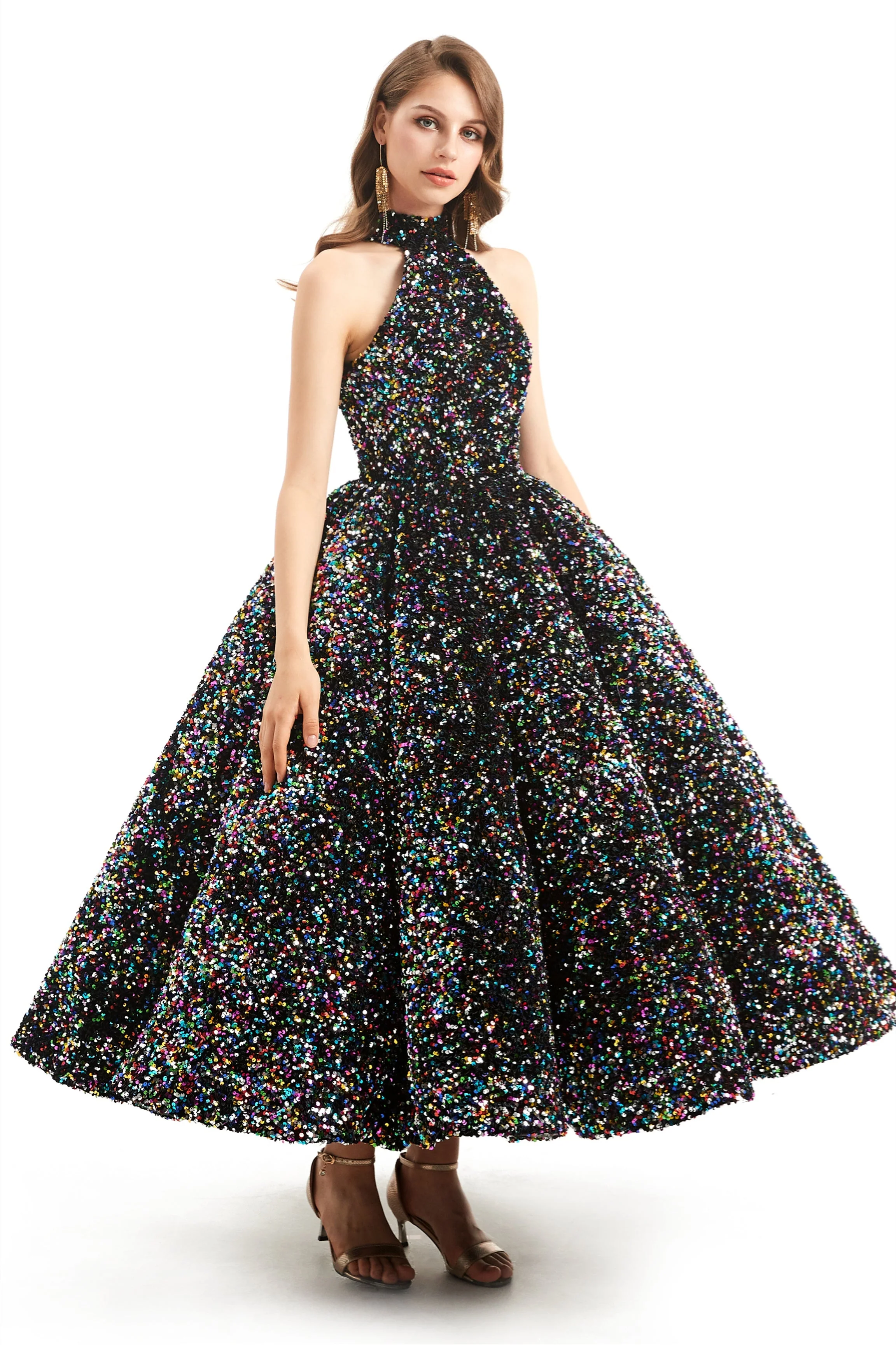 Ball Gown High Neck Sequined Ankle Length Sleeveless Open Back Prom Dress - Image 5