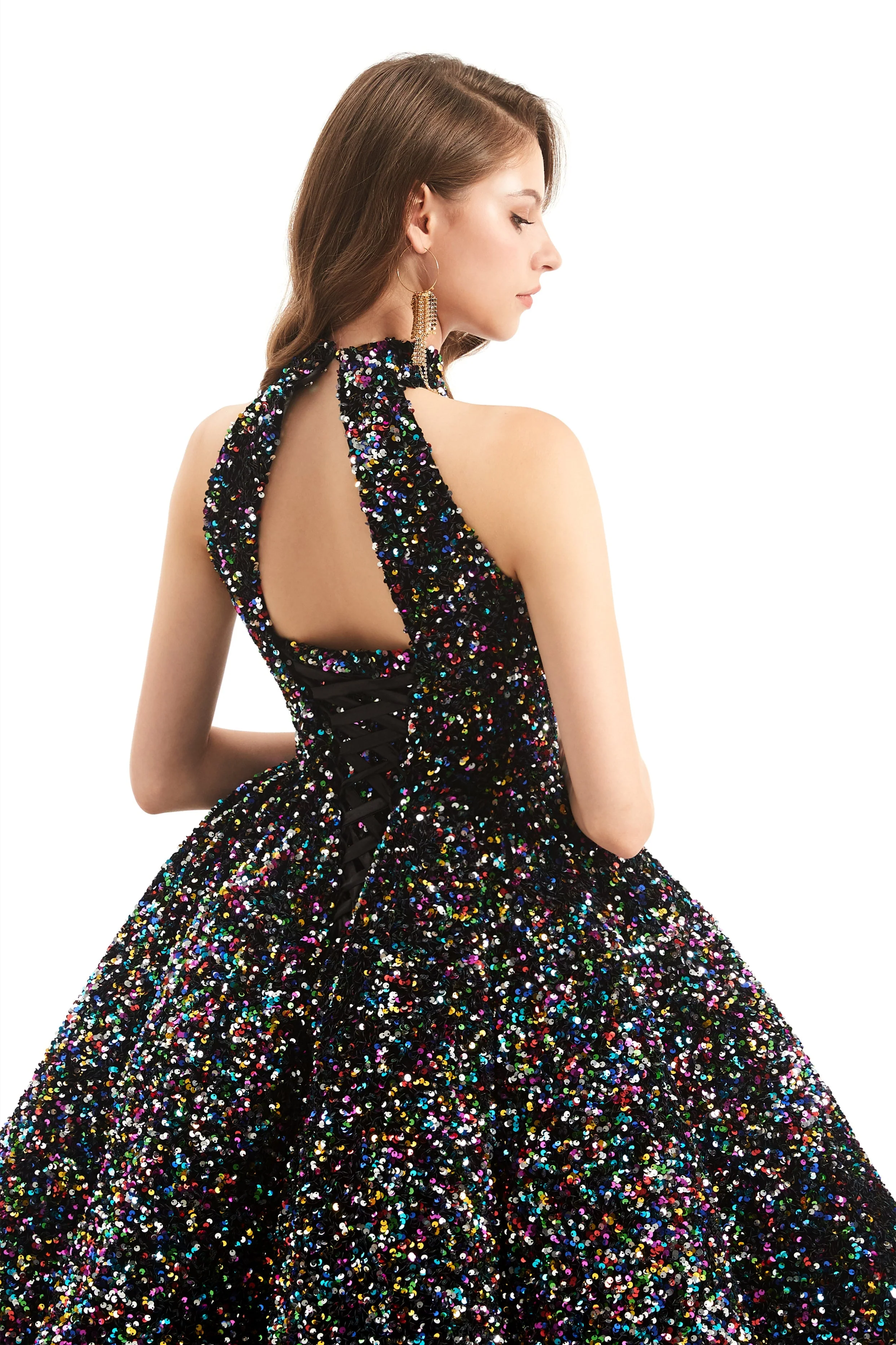 Ball Gown High Neck Sequined Ankle Length Sleeveless Open Back Prom Dress - Image 7