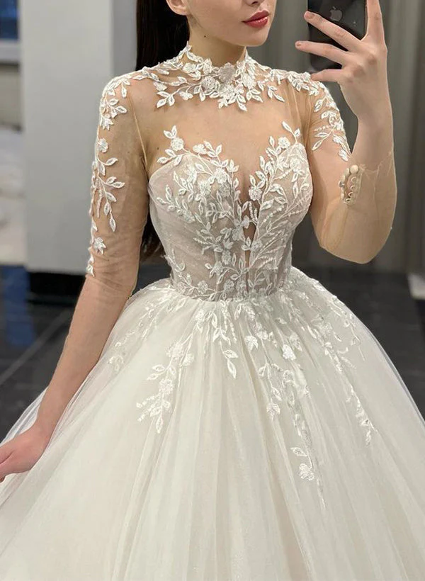 Ball-Gown Illusion Neck Long Sleeves Court Train Lace Tulle Wedding Dresses - Image 2