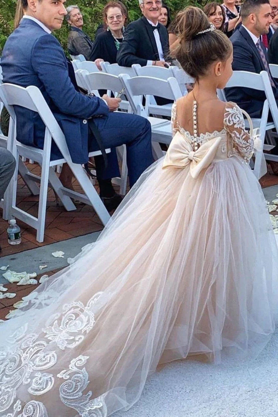 Ball Gown Long Sleeve Strapless Floor Length Tulle Applique With Back Bow Flower Girl Dress - Image 3