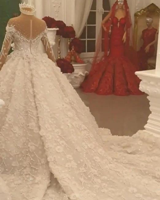 Ball Gown Long Sleeves Wedding Dresses With Appliques Flowers Beadings - Image 2